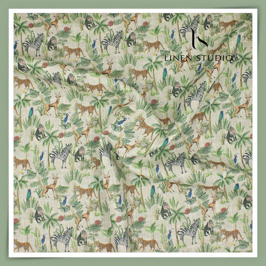 Linen Club 60 Lea Pure Linen Printed Shirting W/O SEL - Jungle Book (30% SALE) (Last Pc)