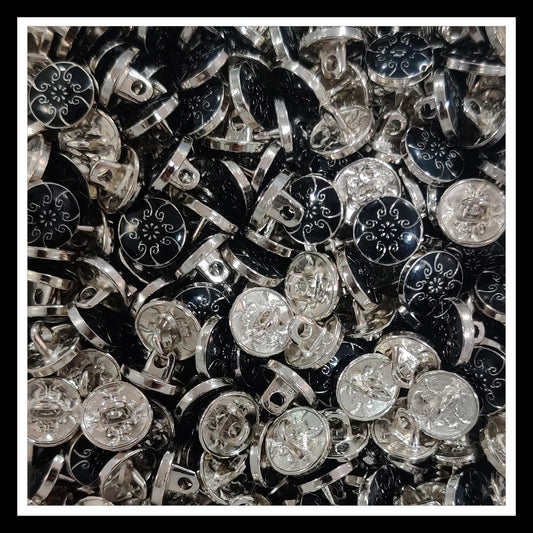 Textured Enamel Designer Metal Buttons - Black Design in Silver (NEW)