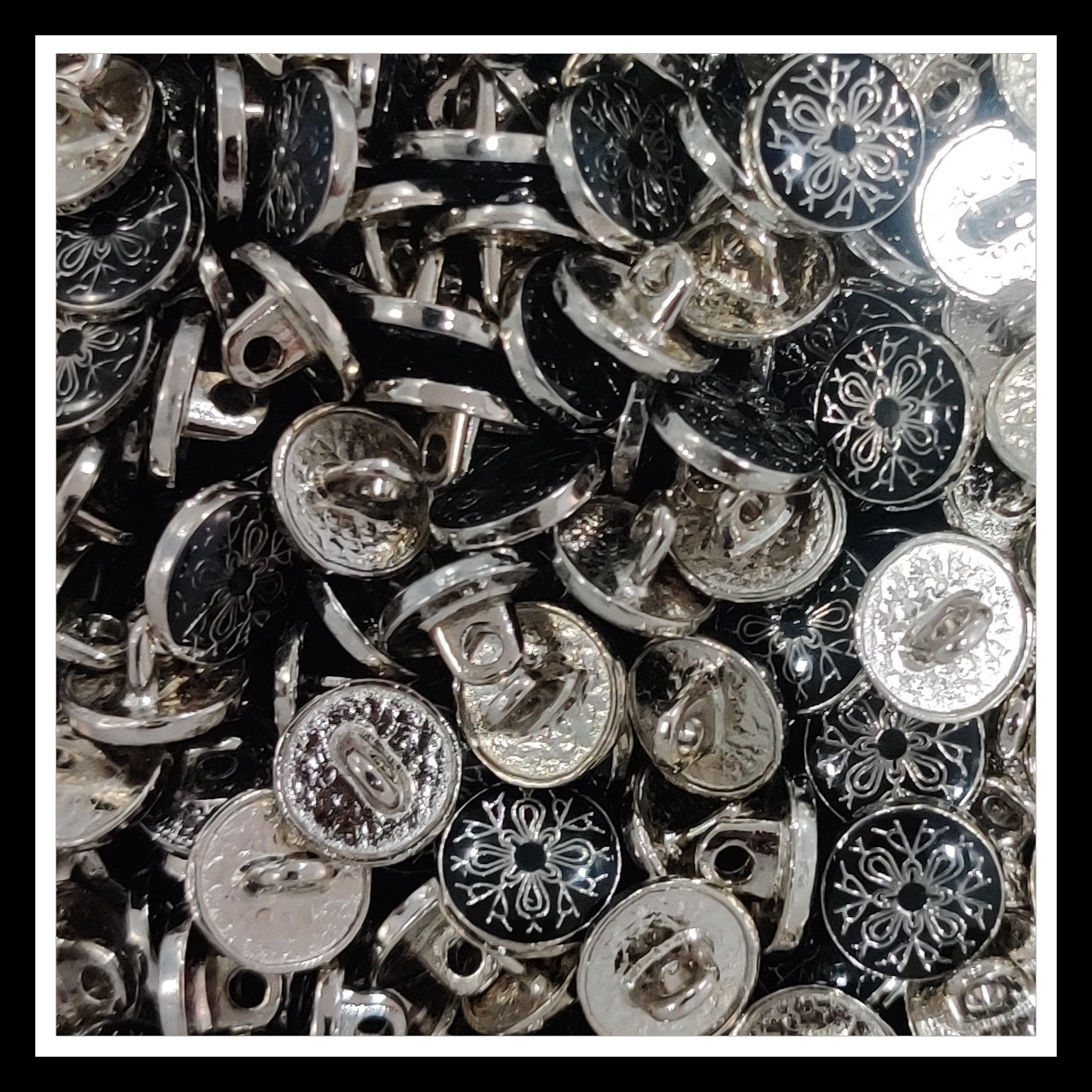Textured Enamel Designer Metal Buttons - Flora Black in Silver (NEW)