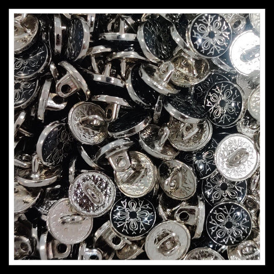 Textured Enamel Designer Metal Buttons - Flora Black in Silver (NEW)