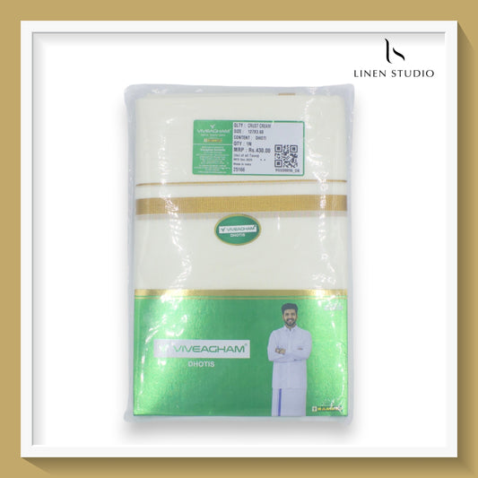Ramraj Viveagham Cotton Blend Double Layer Cream Dhoti with 1.50 CM Colour Border (NEW)