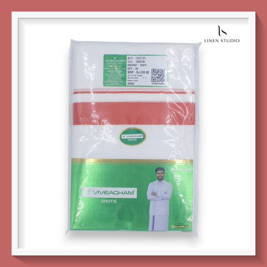 Ramraj Viveagham Cotton Blend Double Layer White Dhoti with 3.00 CM Colour Border (NEW)