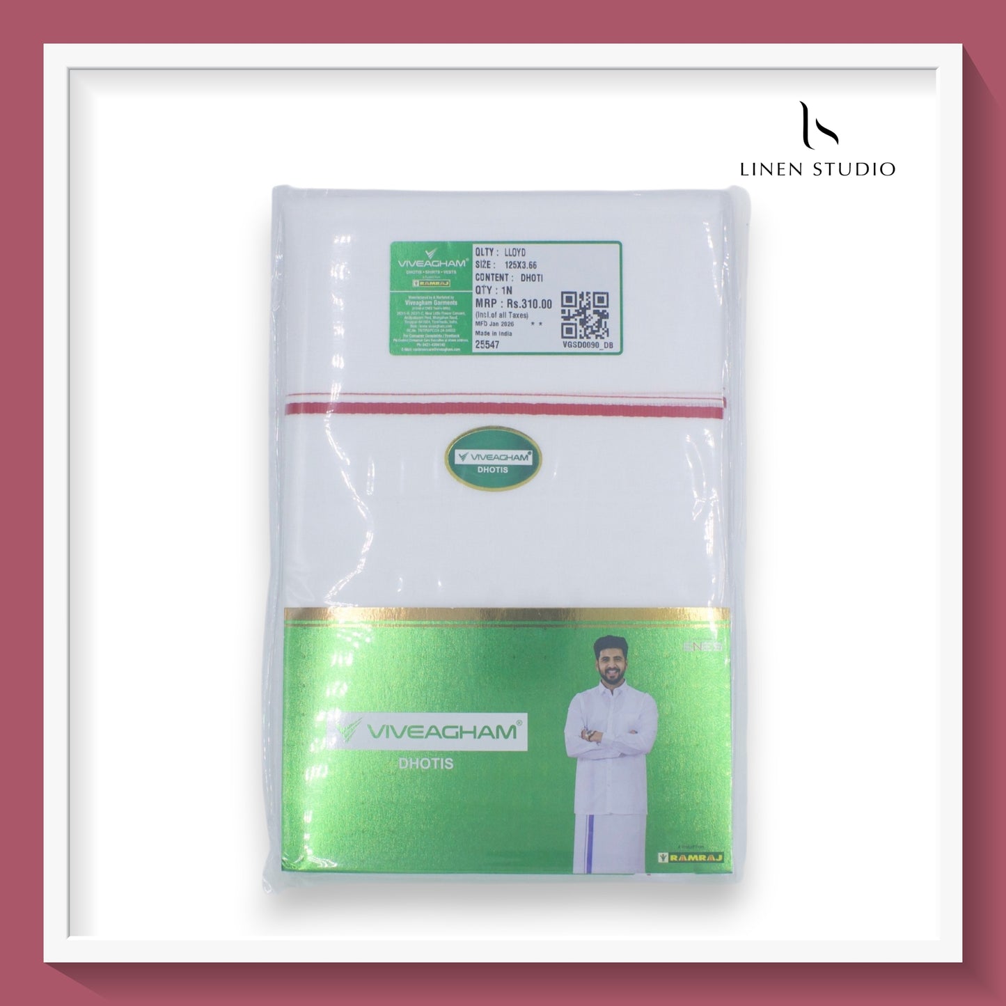 Ramraj Viveagham Cotton Blend Double Layer White Dhoti with 0.50 CM Colour Border (NEW)