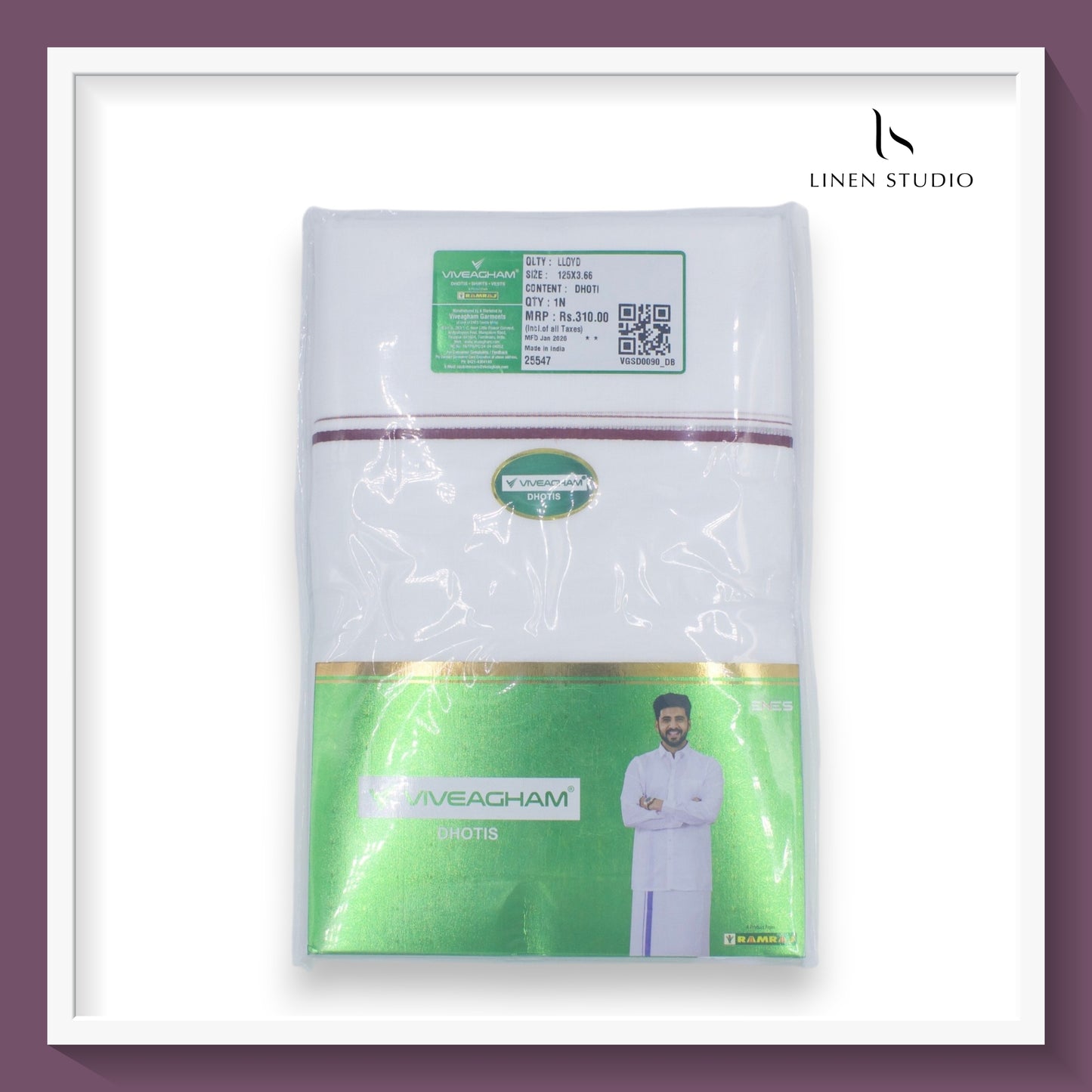 Ramraj Viveagham Cotton Blend Double Layer White Dhoti with 0.50 CM Colour Border (NEW)
