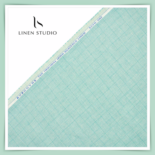 Burgoyne Pure Linen Checks Suiting - Aqua with Peacock Blue - Linen Studio