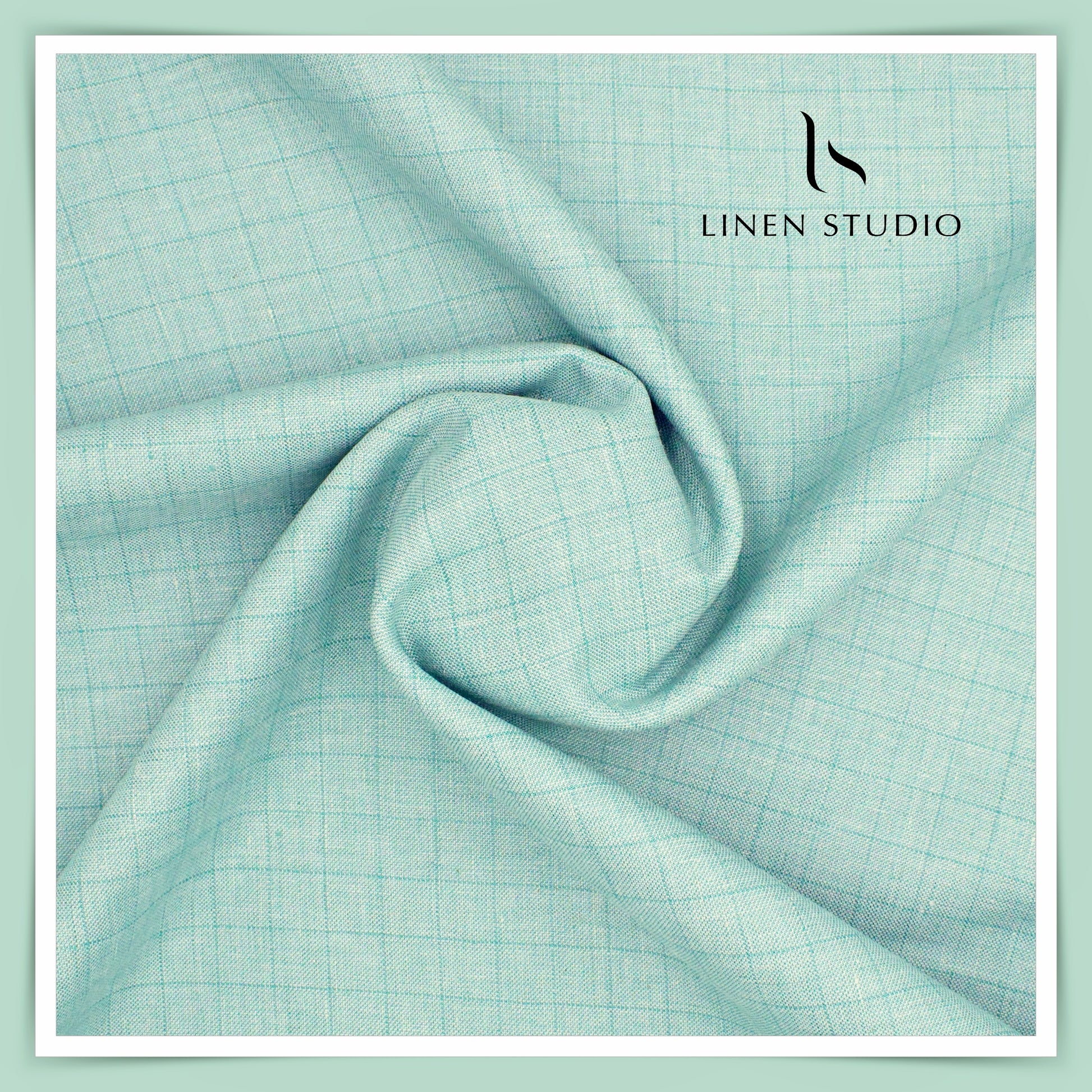 Burgoyne Pure Linen Checks Suiting - Aqua with Peacock Blue - Linen Studio