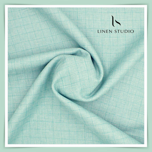 Burgoyne Pure Linen Checks Suiting - Aqua with Peacock Blue - Linen Studio