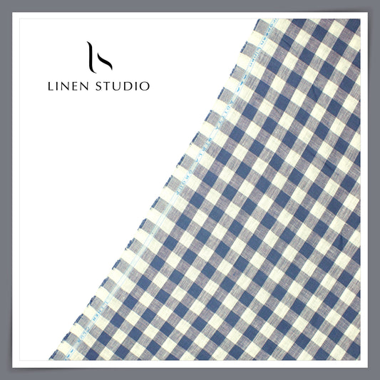 Linen Club 60 Lea Pure Linen Shirting - White Grey Blue Checks (NEW)