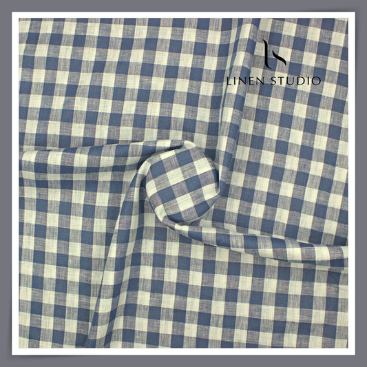Linen Club 60 Lea Pure Linen Shirting - White Grey Blue Checks (NEW)