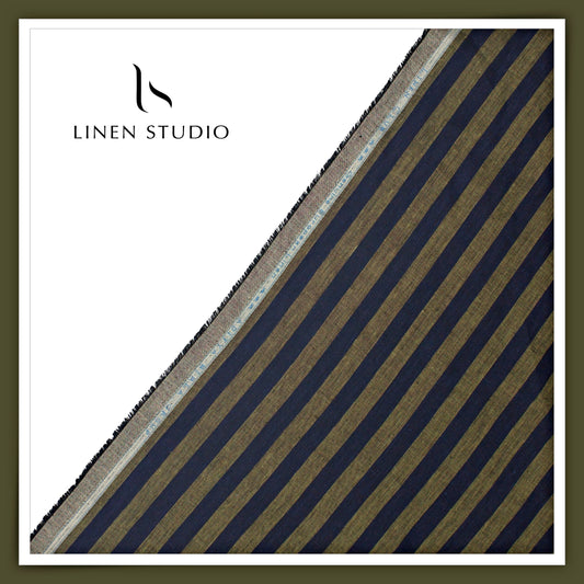 Linen Club 60 Lea Pure Linen Shirting - Dark Blue & Golden Brown Stripes (NEW)