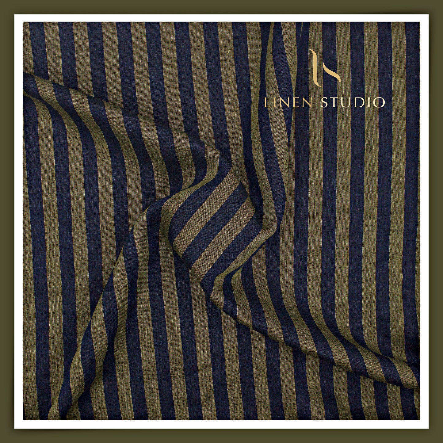 Linen Club 60 Lea Pure Linen Shirting - Dark Blue & Golden Brown Stripes (NEW)