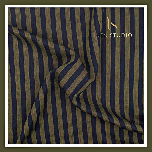 Linen Club 60 Lea Pure Linen Shirting - Dark Blue & Golden Brown Stripes (NEW)