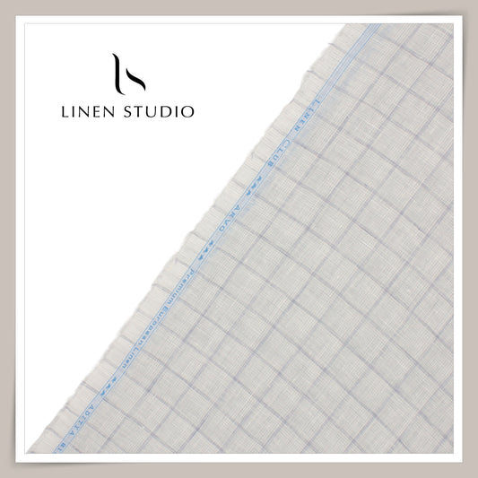 Linen Club 70 Lea Pure Linen Premium Shirting - Textured Grey with Blue Checks (NEW)