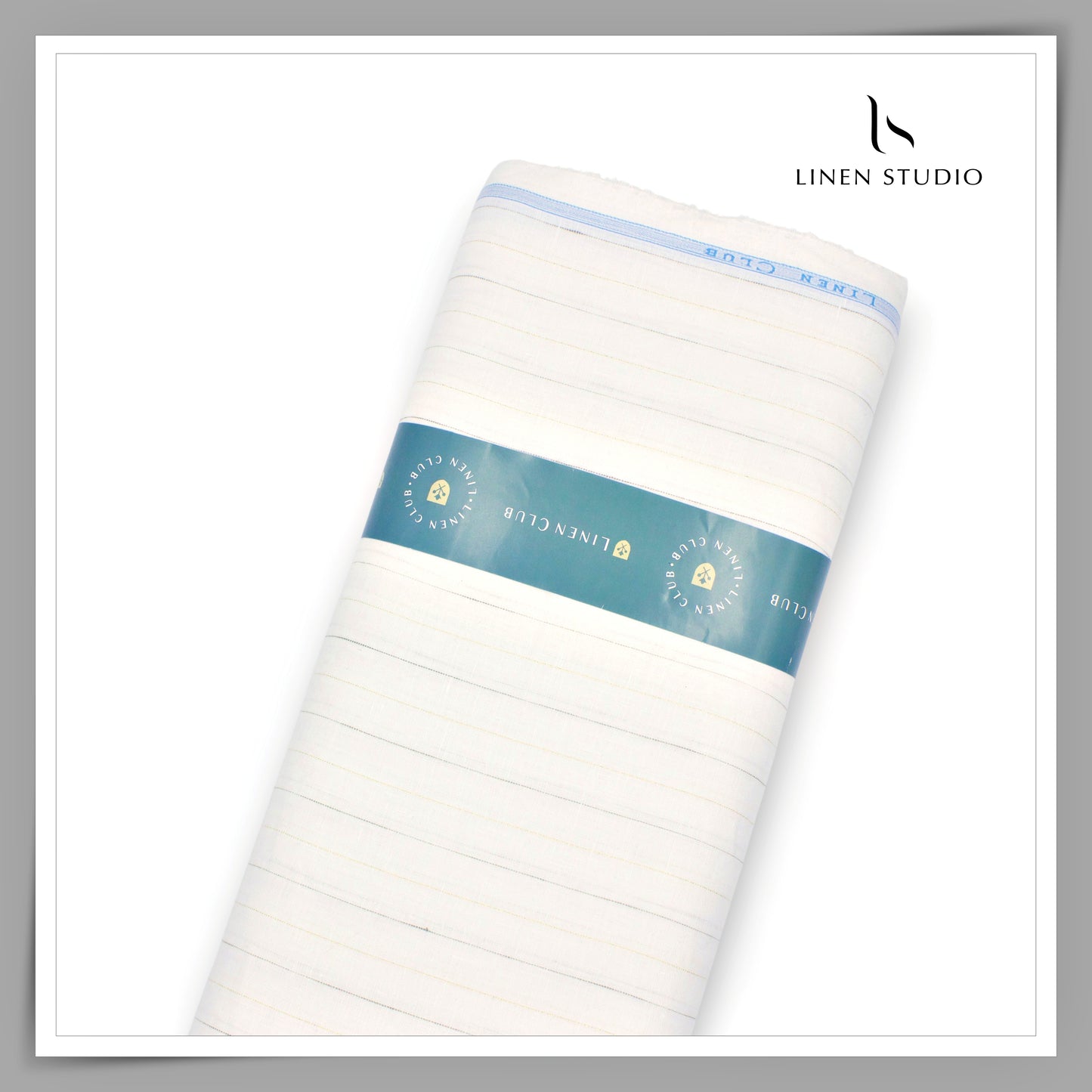 Linen Club 60 Lea Pure Linen Shirting - Off White with Grey Stripes and GOLD LUREX (NEW) (Zoom In)