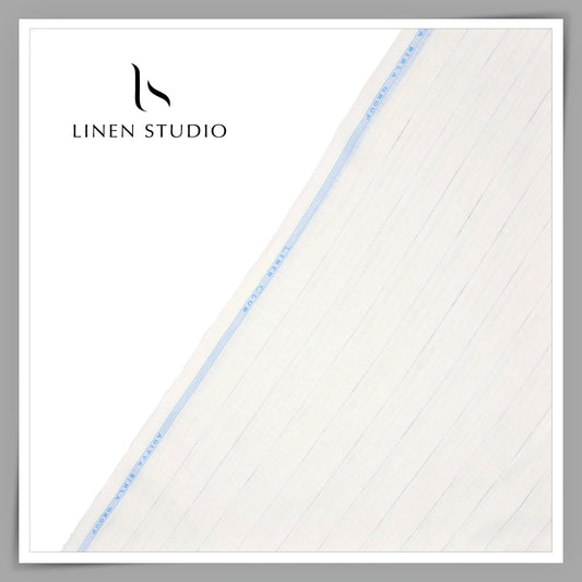 Linen Club 60 Lea Pure Linen Shirting - Off White with Grey Stripes and GOLD LUREX (NEW) (Zoom In)