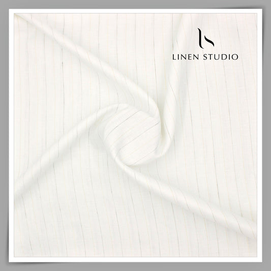 Linen Club 60 Lea Pure Linen Shirting - Off White with Grey Stripes and GOLD LUREX (NEW) (Zoom In)