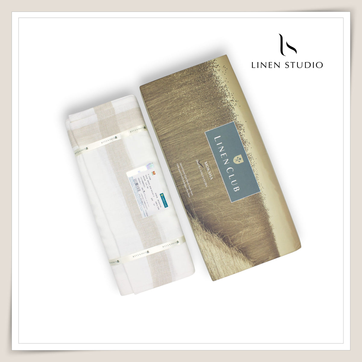 Pure Linen Dhoti by Linen Club -  Beige with a Metallic Silver Zari Border (Zoom In) (NEW)