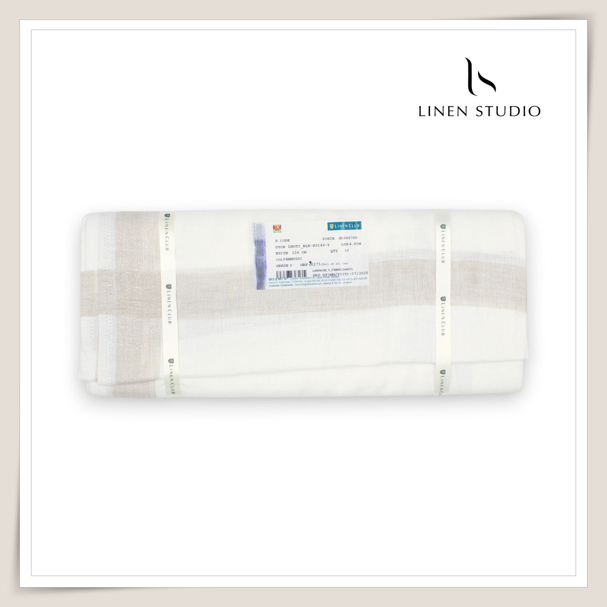 Pure Linen Dhoti by Linen Club -  Beige with a Metallic Silver Zari Border (Zoom In) (NEW)