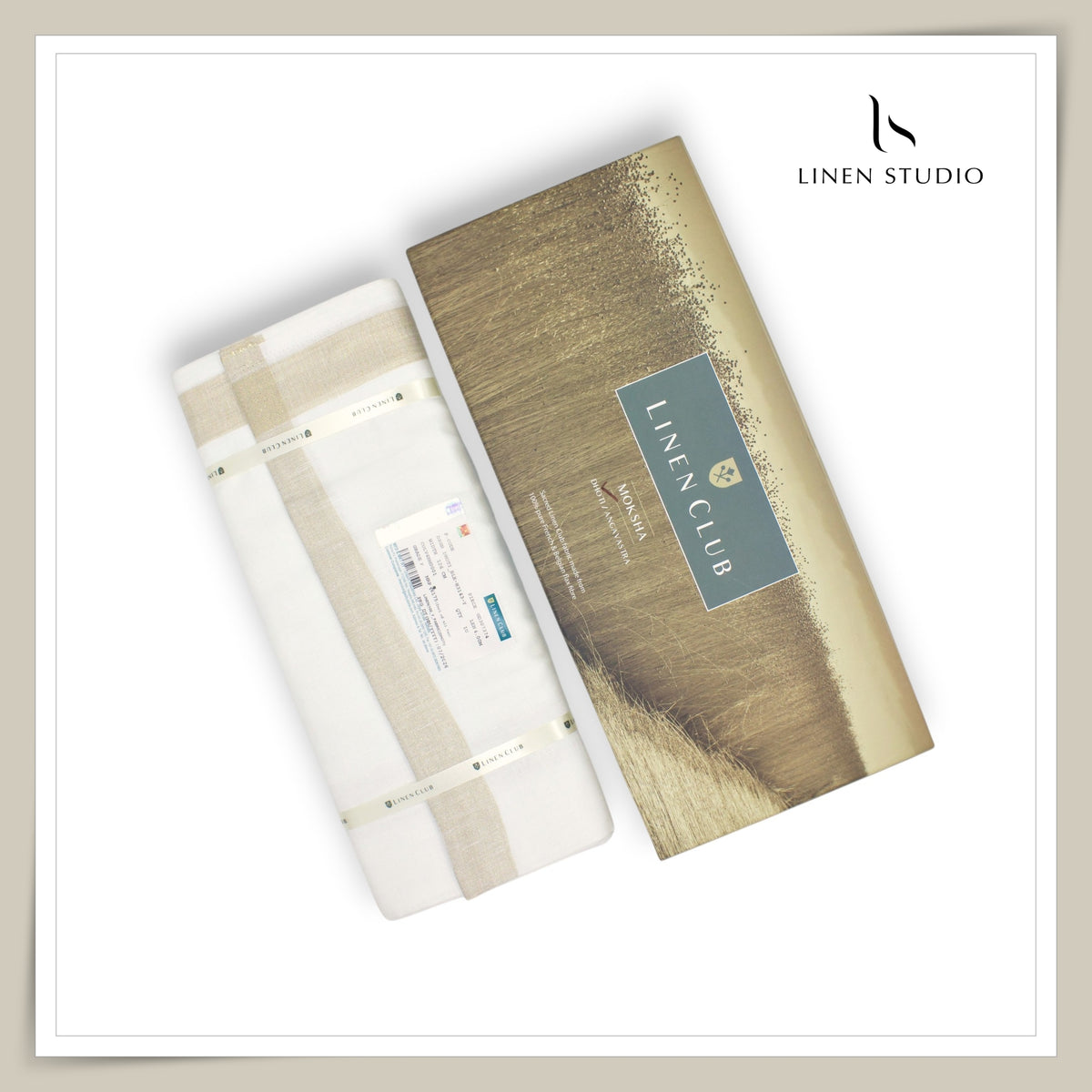 Pure Linen Dhoti by Linen Club -  Beige with a Metallic Gold Zari Border (Zoom In) (NEW)