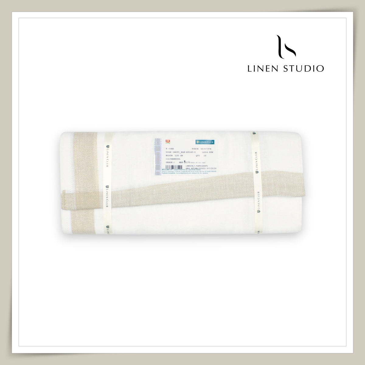 Pure Linen Dhoti by Linen Club -  Beige with a Metallic Gold Zari Border (Zoom In) (NEW)