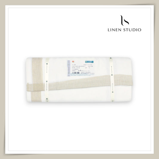 Pure Linen Dhoti by Linen Club -  Beige with a Metallic Gold Zari Border (Zoom In) (NEW)