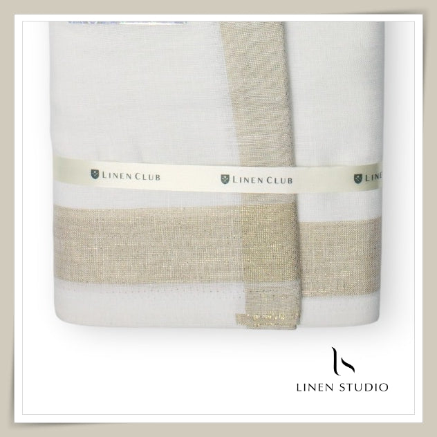 Pure Linen Dhoti by Linen Club -  Beige with a Metallic Gold Zari Border (Zoom In) (NEW)