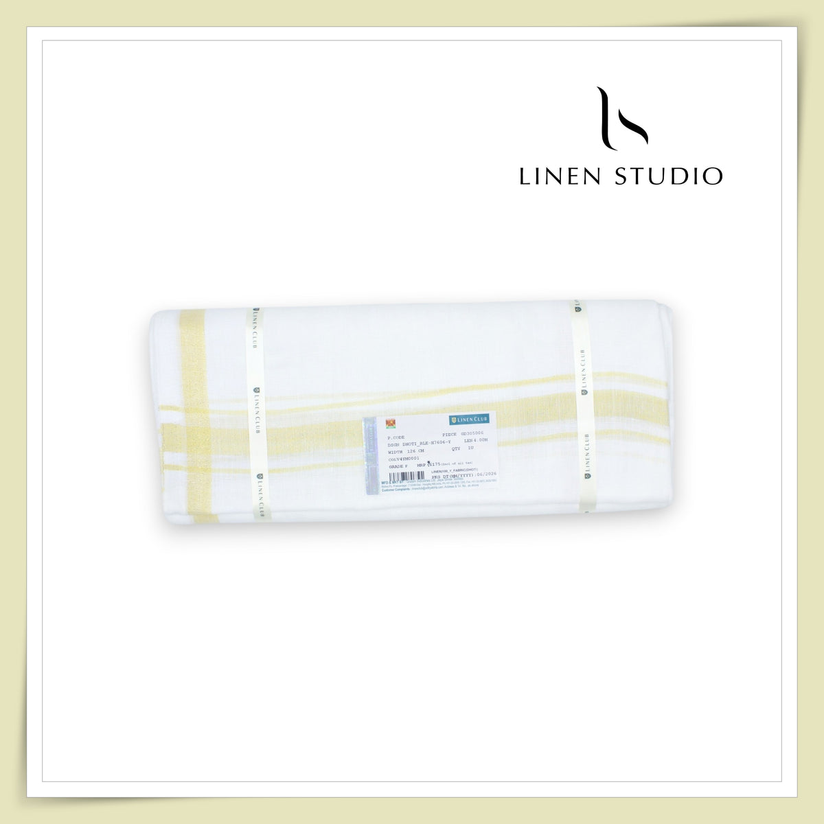 Pure Linen Dhoti by Linen Club -  Golden Yellow with a Metallic Gold Zari Border (Zoom In) (NEW)