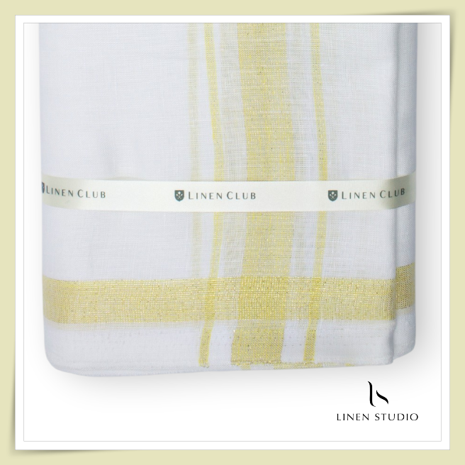 Pure Linen Dhoti by Linen Club -  Golden Yellow with a Metallic Gold Zari Border (Zoom In) (NEW)