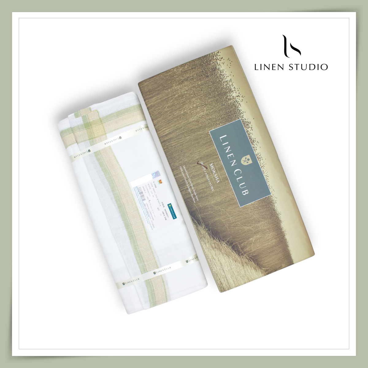 Pure Linen Dhoti by Linen Club -  Sage Green with a Metallic Gold Zari Border (Zoom In) (NEW)