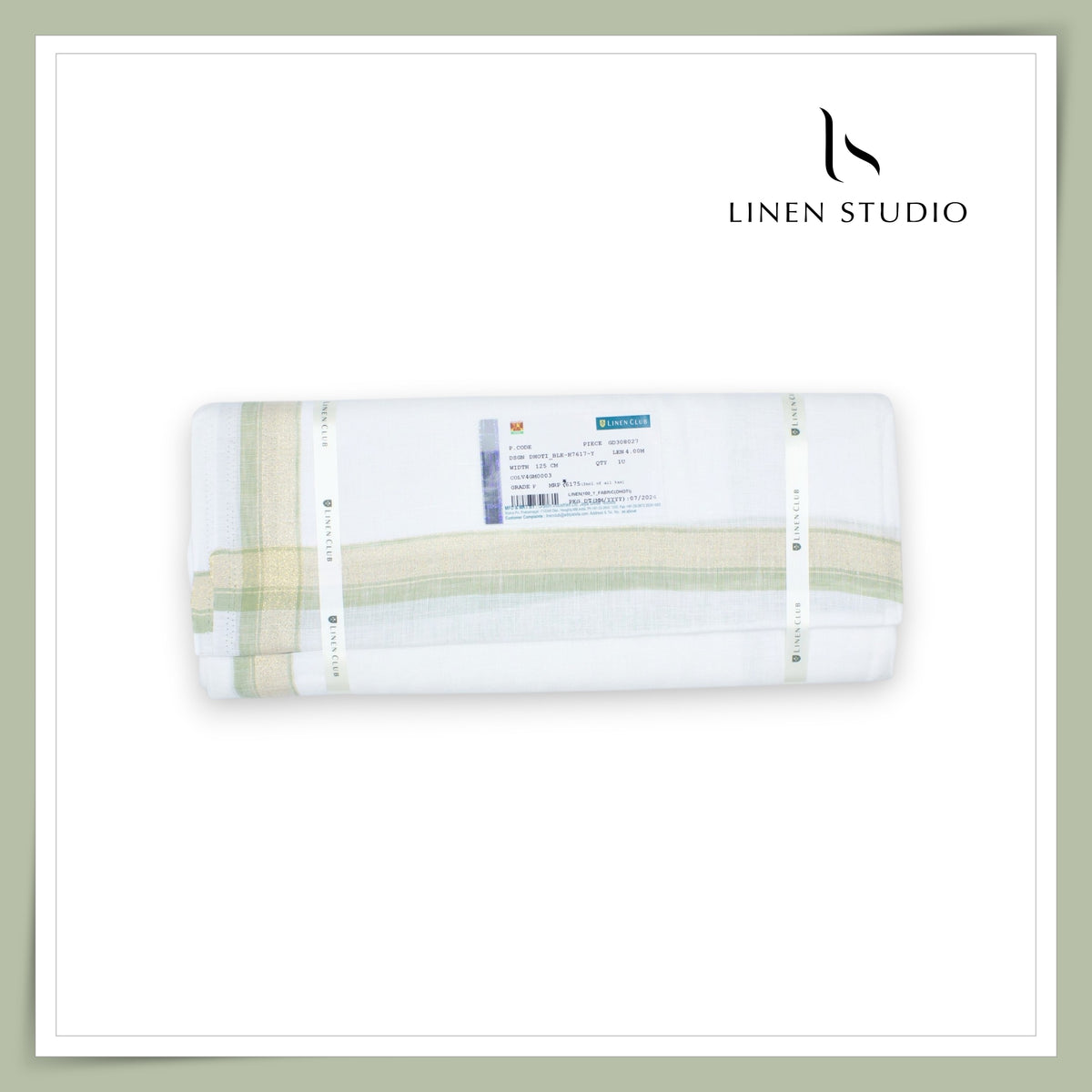 Pure Linen Dhoti by Linen Club -  Sage Green with a Metallic Gold Zari Border (Zoom In) (NEW)