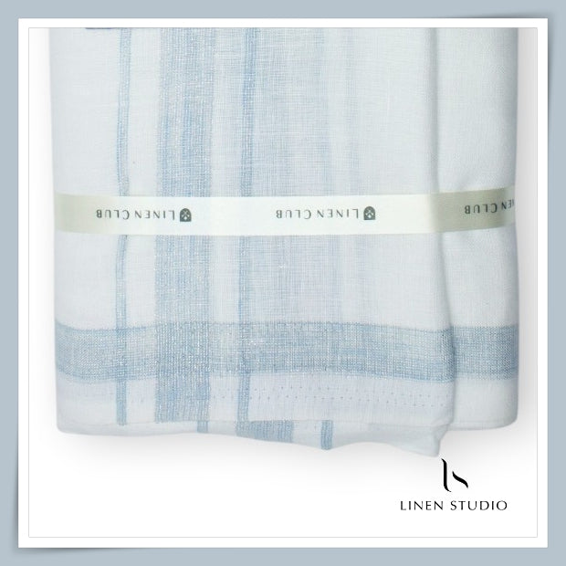 Pure Linen Dhoti by Linen Club -  Powder Blue with a Metallic Silver Zari Border (Zoom In) (NEW)
