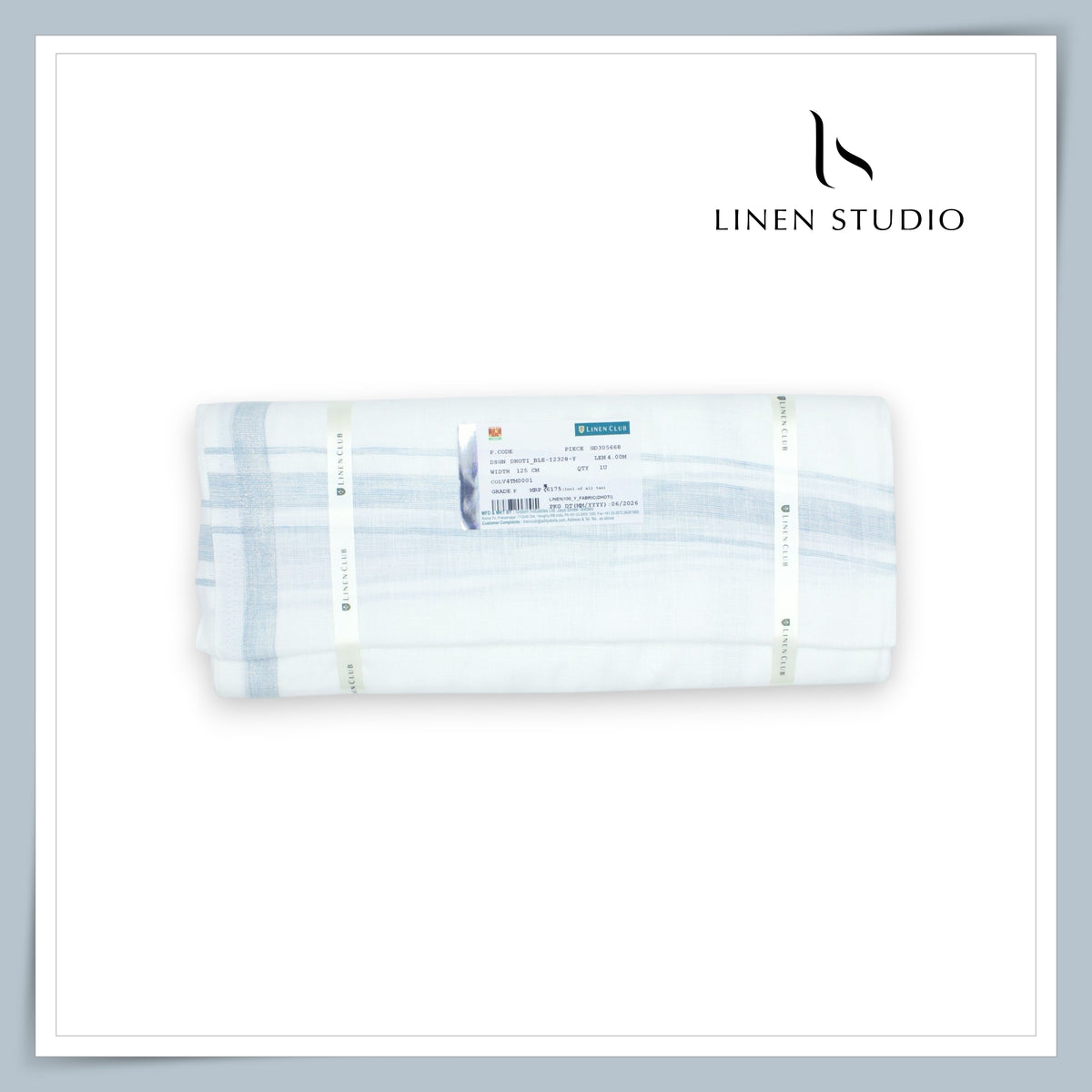 Pure Linen Dhoti by Linen Club -  Powder Blue with a Metallic Silver Zari Border (Zoom In) (NEW)