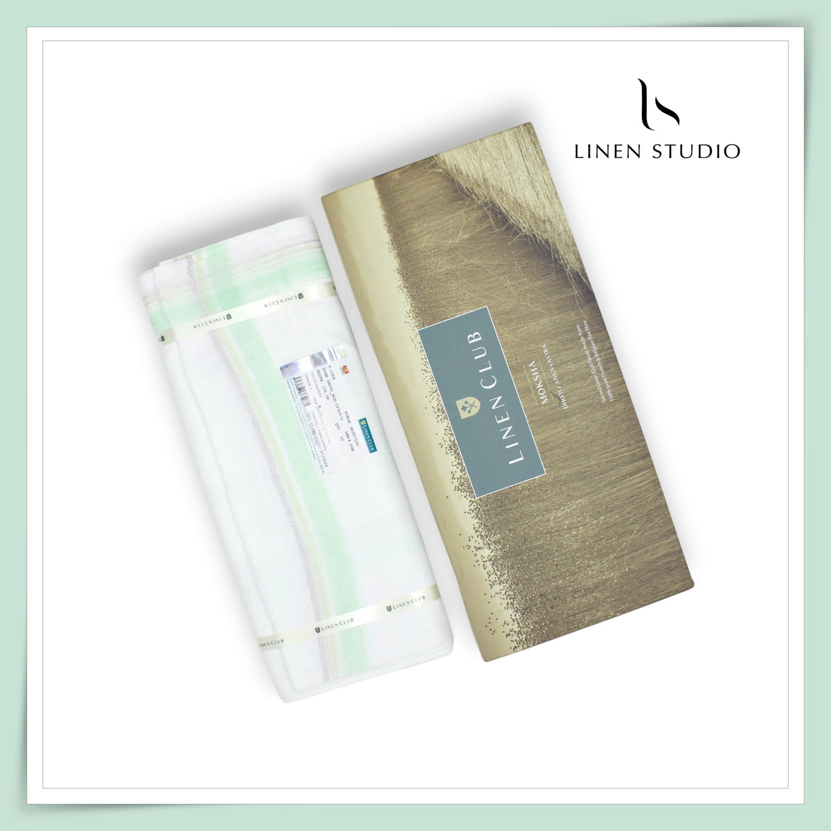 Pure Linen Dhoti by Linen Club - Mint Green with a Silver Zari Border (Zoom In) (NEW)