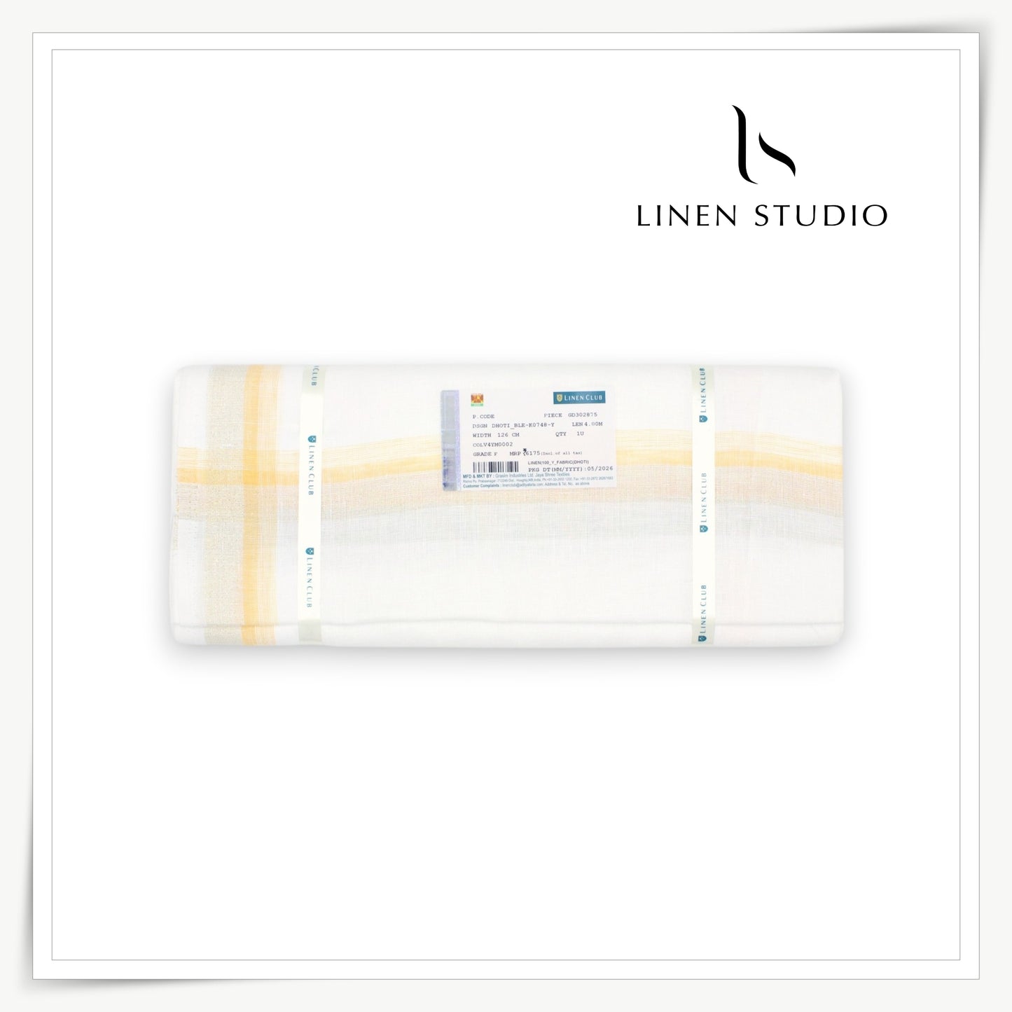 Pure Linen Dhoti by Linen Club -  White with Yellow Border & Gold Zari (Zoom In) (NEW)