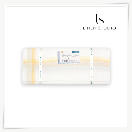 Pure Linen Dhoti by Linen Club -  White with Yellow Border & Gold Zari (Zoom In) (NEW)