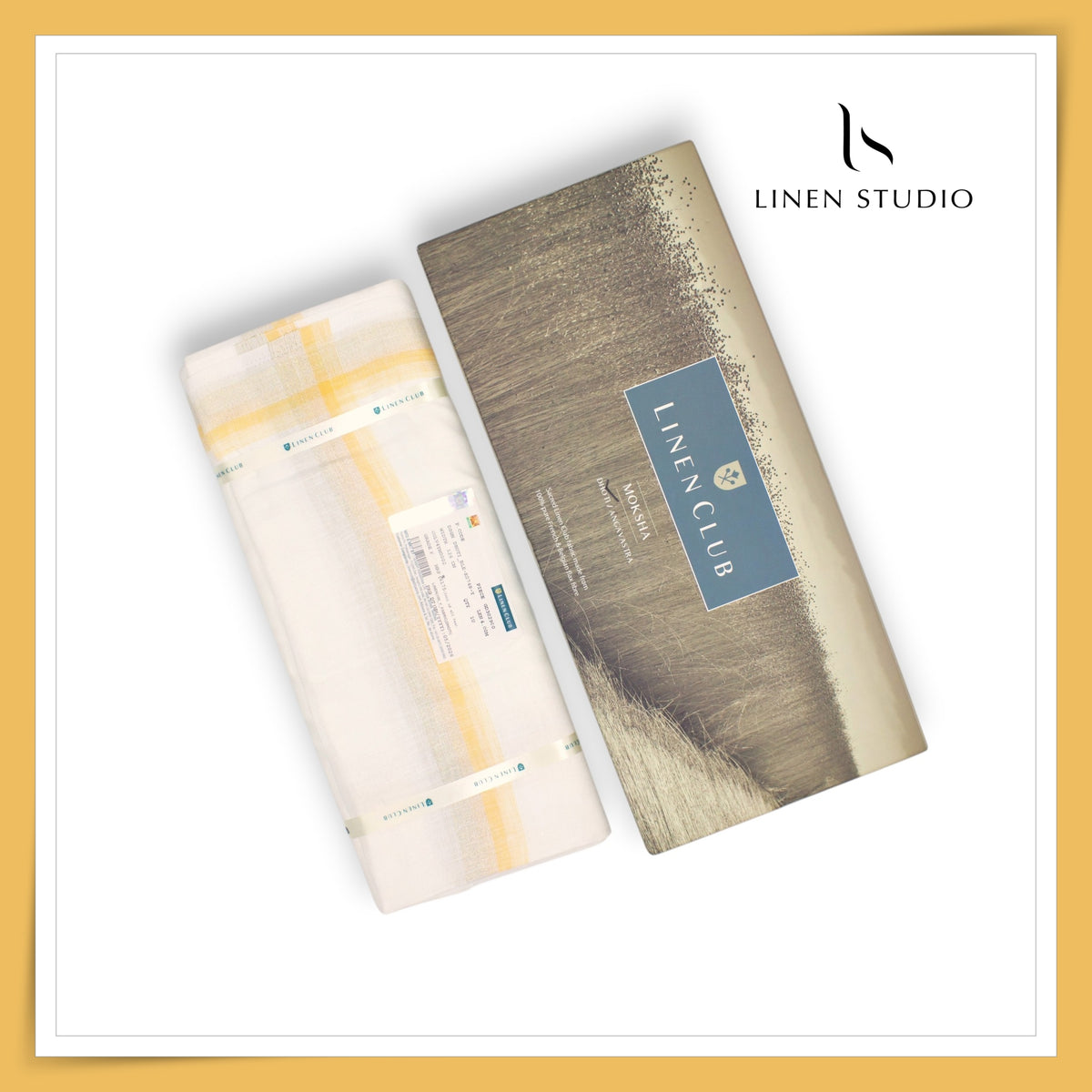 Pure Linen Dhoti by Linen Club - Marigold with a Metallic Gold Zari Border (Zoom In) (NEW)