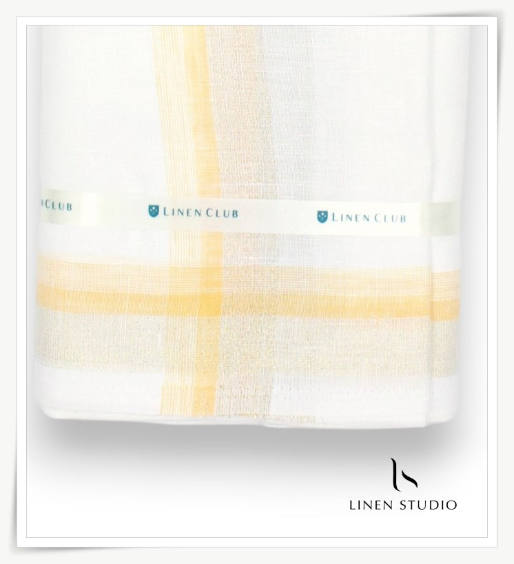 Pure Linen Dhoti by Linen Club -  White with Yellow Border & Gold Zari (Zoom In) (NEW)
