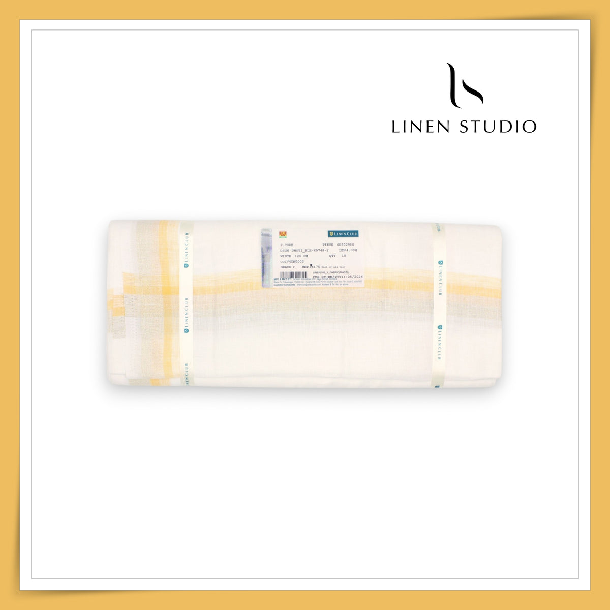 Pure Linen Dhoti by Linen Club - Marigold with a Metallic Gold Zari Border (Zoom In) (NEW)