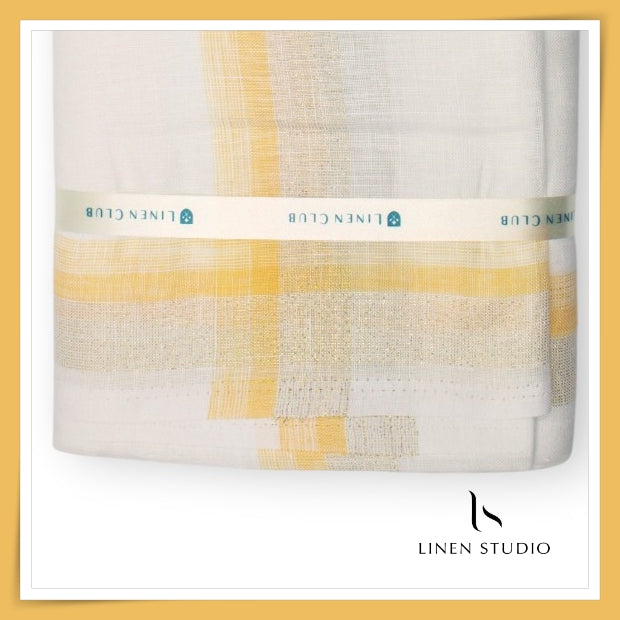 Pure Linen Dhoti by Linen Club - Marigold with a Metallic Gold Zari Border (Zoom In) (NEW)