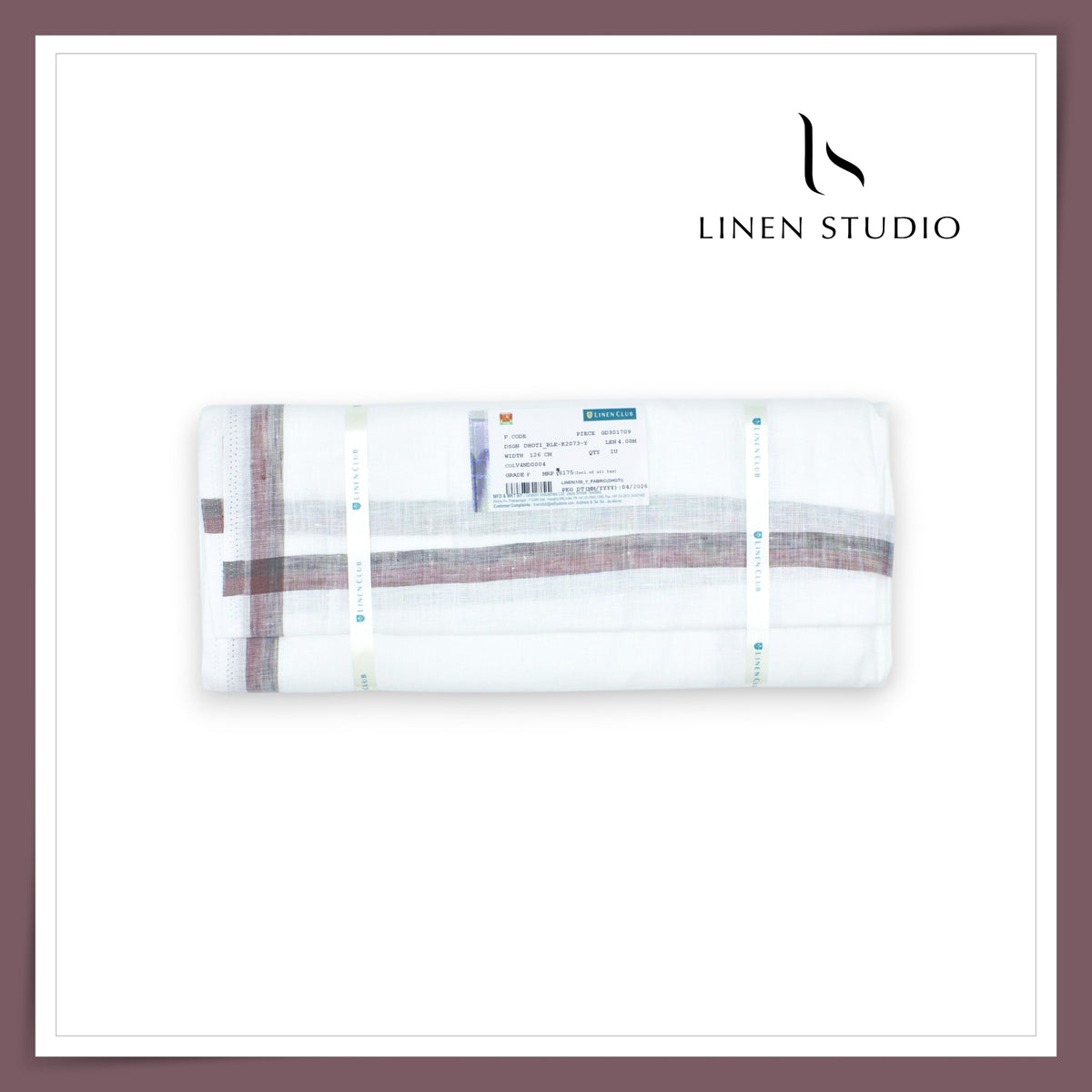 Pure Linen Dhoti by Linen Club -  Maroon & Grey Border (Zoom In) (NEW)