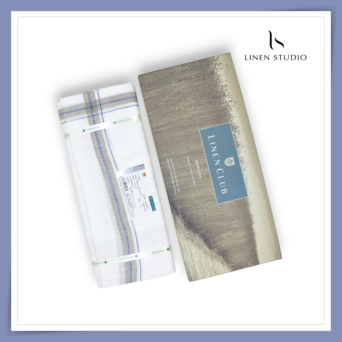 Pure Linen Dhoti by Linen Club - Indigo Blue & Beige Border (Zoom In) (NEW)