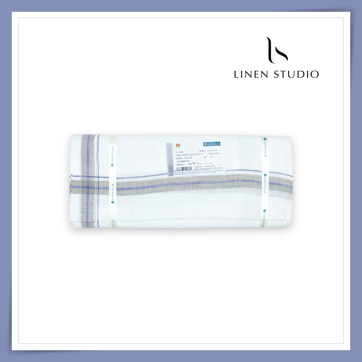 Pure Linen Dhoti by Linen Club - Indigo Blue & Beige Border (Zoom In) (NEW)