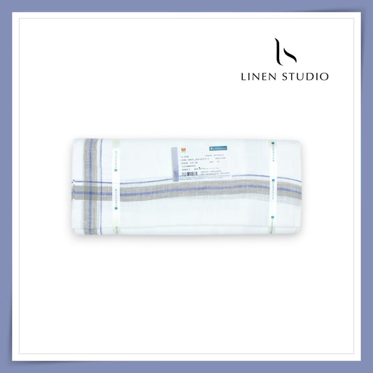 Pure Linen Dhoti by Linen Club - Indigo Blue & Beige Border (Zoom In) (NEW)