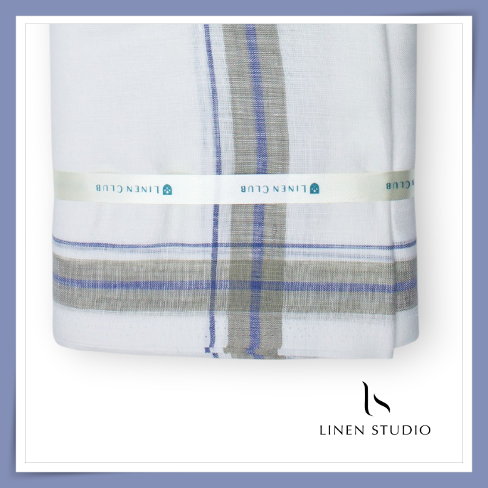 Pure Linen Dhoti by Linen Club - Indigo Blue & Beige Border (Zoom In) (NEW)