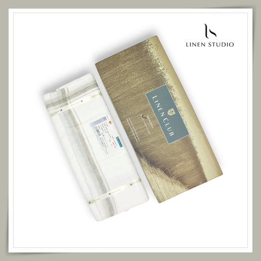 Pure Linen Dhoti by Linen Club - White, Natural & Beige Border (Zoom In) (NEW)