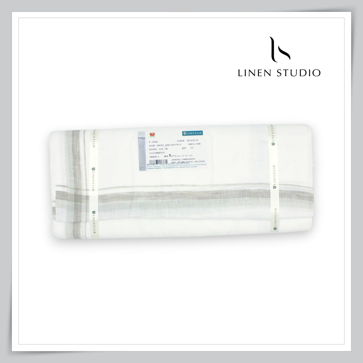Pure Linen Dhoti by Linen Club - White, Natural & Beige Border (Zoom In) (NEW)