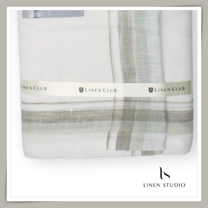 Pure Linen Dhoti by Linen Club - White, Natural & Beige Border (Zoom In) (NEW)