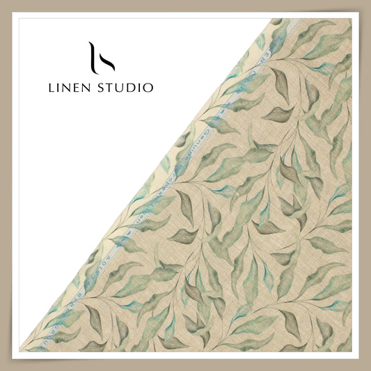 Linen Club 70 Lea Pure Linen Printed Shirting - Natural with Blue/Green Dalam (NEW) (Last Pc)