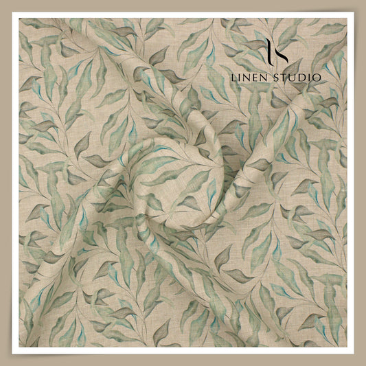 Linen Club 70 Lea Pure Linen Printed Shirting - Natural with Blue/Green Dalam (NEW)