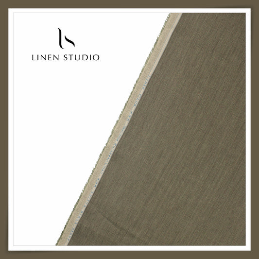 Linen Club 50 Lea Premium Linen Suiting - Crocodile Green Subtle Herringbone Stripes (NEW) (Zoom In)